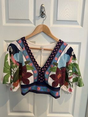 Floral V-Neck Cropped Top in Navy and Multicolor